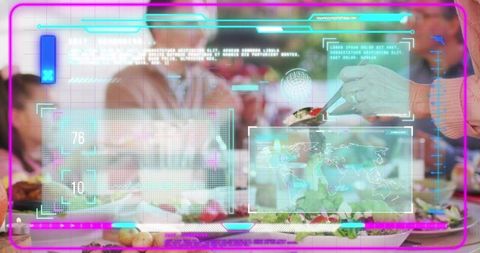 Serving salad with holographic hud overlay during family banquet, futuristic dining technology