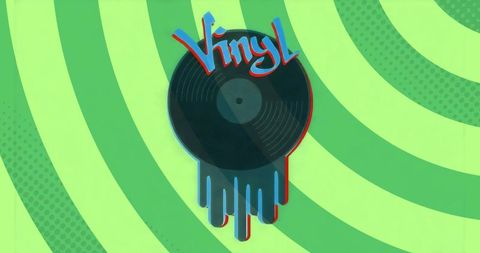 Melted vinyl record on bright green background digital artwork