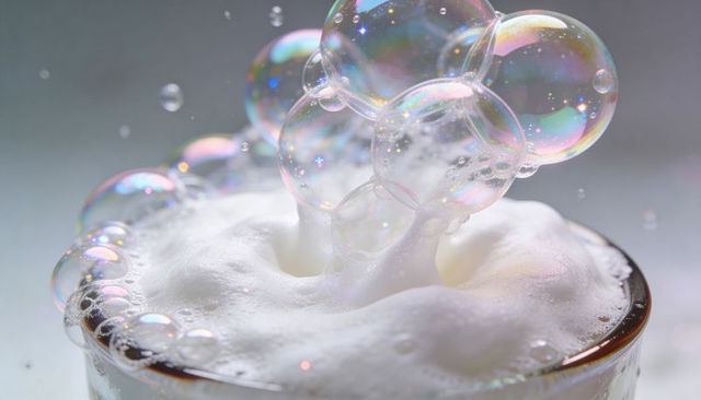 Iridescent soap bubbles rising from creamy foam in glass cup macro, prismatic sparkles