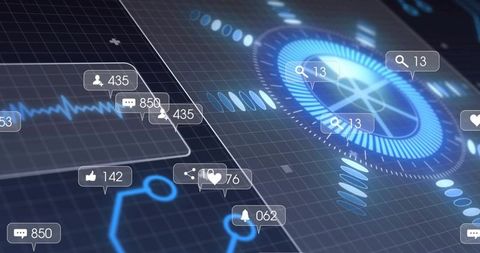 Pulsing Blue HUD Rotating on Grid Showing Social Notifications, ECG Wave, Data Interface