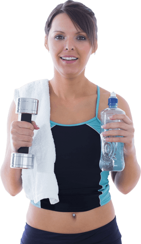 Athletic Woman Holding Dumbbell and Water Bottle Transparent Background