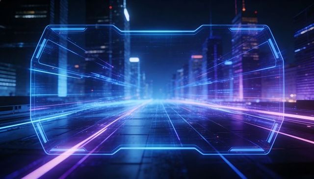 Neon Holographic HUD Frame Over Futuristic City Corridor with Motion Light Trails
