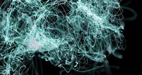 Swirling Teal Light Trails Forming Neon Nebula with Magenta Glow and Particle Filaments