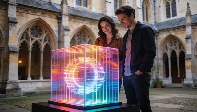 Couple exploring holographic light cube in gothic cloister — modern art meets historic design