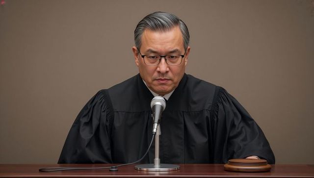 Serious judge presiding over court hearing, speaking into microphone at bench