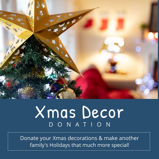 Square image of christmas tree star with christmas decor donation text. Christmas decor donation campaign.