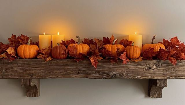 Rustic autumn decor with pumpkins, candlelight, and leaf garland