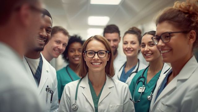 Diverse medical team confidently collaborating in hospital hallway