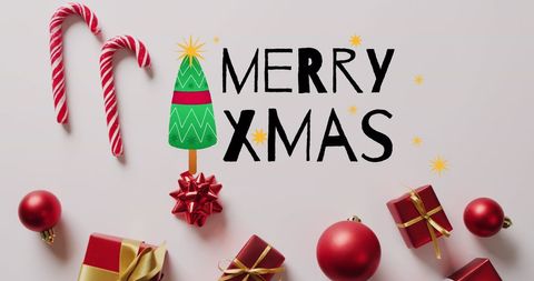 Festive Flat Lay with Merry Christmas Greetings and Decorations