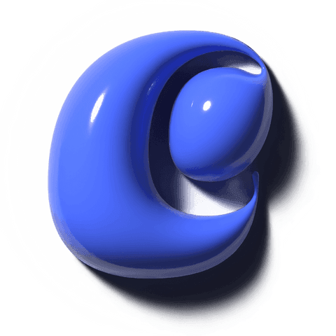 Transparent glossy 3d emblem floating with blue crescent cradling orb, soft halo