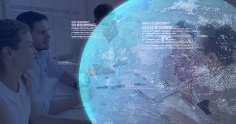 Holographic Earth projection over boardroom table with business team collaborating on data