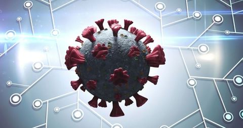 Covid-19 virus particle with digital network background