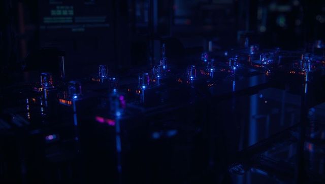 Futuristic high-tech lab with glowing electronic modules