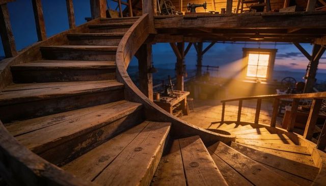 Spiral wooden staircase catching golden light in rustic workshop loft at dusk