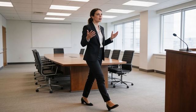 Confident businesswoman presenting in modern boardroom walking toward lectern