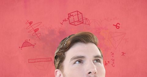 Thoughtful Student Surrounded by Math Formulas on Vibrant Background