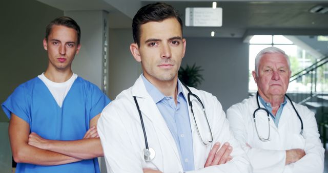 Group of medical professionals standing confidently with arms crossed in a hospital hallway. Image is useful for illustrating healthcare teamwork, medical expertise, and hospital environment. Ideal for healthcare publications, medical websites, and hospital brochures.