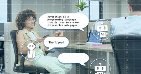 Professional discussing javascript with ai assistant in modern office