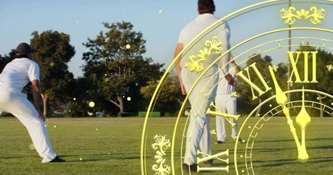 Cricket team playing on sunlit field with golden roman clock overlay