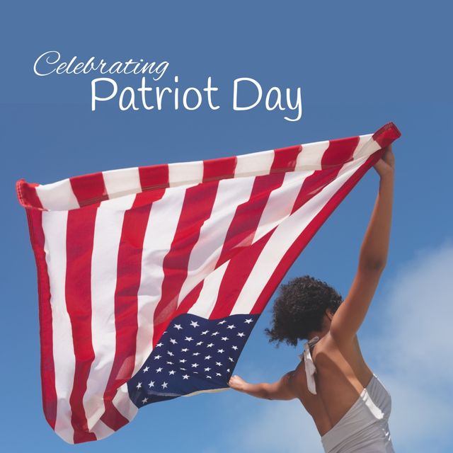 Composite of biracial woman holding flag of america against sky and celebrating patriot day text. Copy space, memorial, air attack, 911 remembrance, honor and patriotism concept.