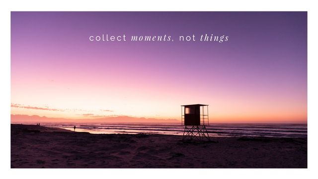 Vivid sunset on a beach with purple hues, featuring a lifeguard tower silhouette and an inspirational quote 'collect moments, not things.' Ideal for travel blogs, motivational posters, inspirational social media posts, and lifestyle advertisements promoting the beauty of experiences over material possessions.