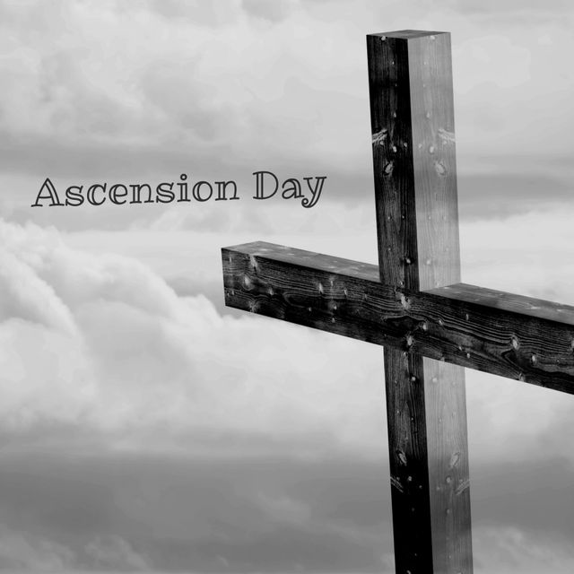 This visual highlights the significance of Ascension Day with a wooden cross silhouetted against a cloudy sky. It serves well for religious promotions, blogs about Christian faith, church newsletters, and social media posts commemorating Ascension Day.