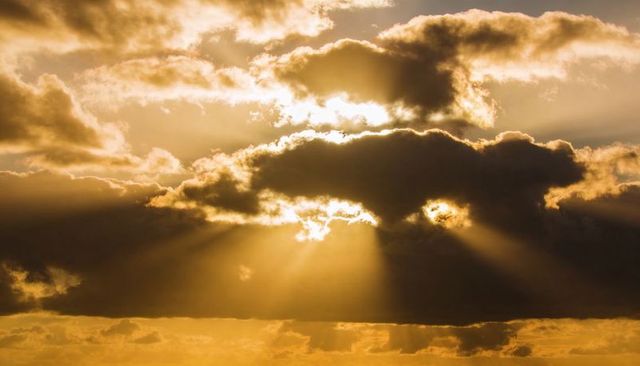 Golden sunbeams streaming through dramatic cloud bank creating crepuscular sky at sunrise