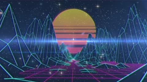 Futuristic Neon Landscape with Digital Grid and Sun