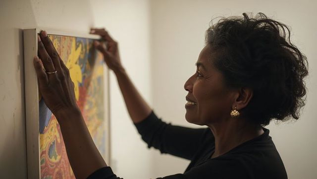 Woman adjusting framed abstract artwork on hall wall, smiling while perfecting alignment