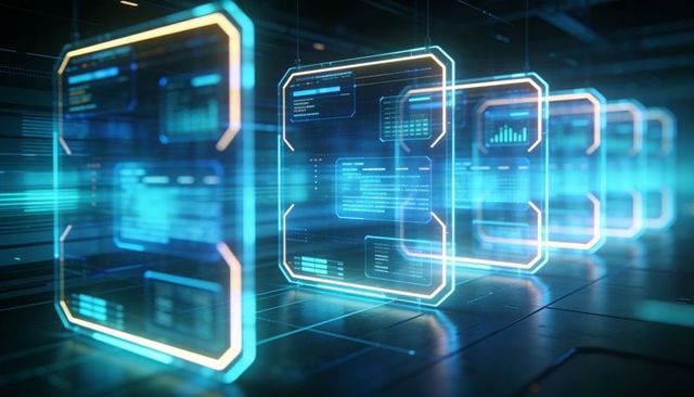 Futuristic holographic data panels floating in server room with ai dashboards and charts