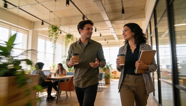 Professionals walking and talking in modern coworking office holding coffee and notebooks