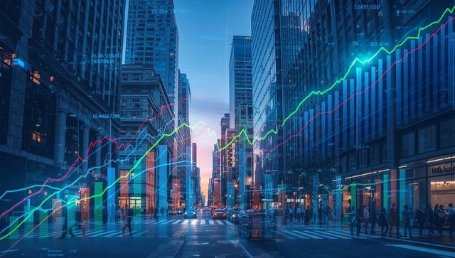 Evening Cityscape with Stock Market Data Overlay