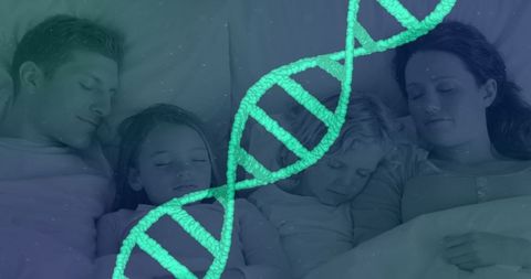 Family Sleeping Peacefully with Overlay of DNA Strand