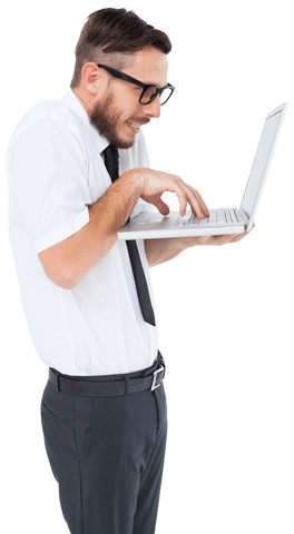 transparent geeky businessman using laptop, showcasing nerd stereotype - Download Free Stock Videos Pikwizard.com