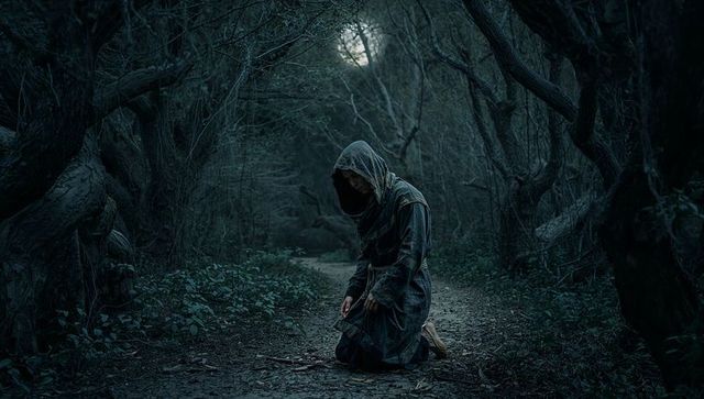Hooded figure kneeling on moonlit forest path