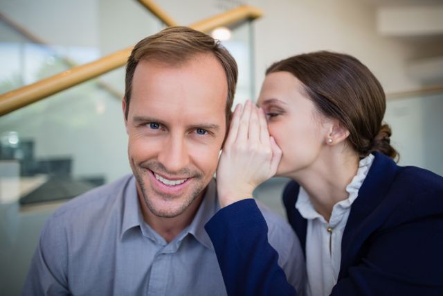 Businesswoman whispering something to her colleague at conference centre