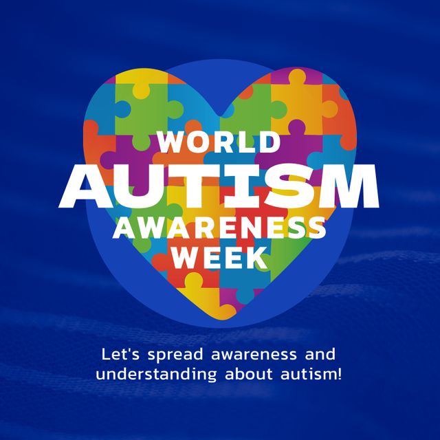 Heart filled with colorful puzzle pieces symbolizing autism awareness against a blue background; ideal for campaigns and events aiming to spread awareness, promote understanding, and support for autism. Perfect for educational materials, social media posts, and advocacy initiatives during World Autism Awareness Week.