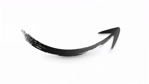 Black brush-stroke curved arrow floating on white background