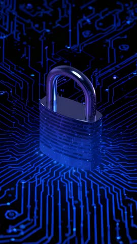 Rotating Blue Padlock Pulsing on Glowing Circuit Traces for Cybersecurity Protection Video
