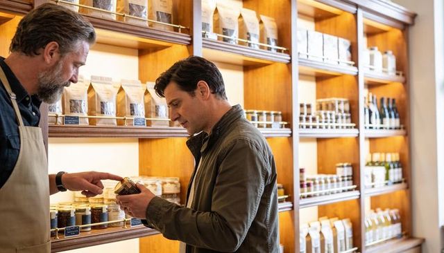 Shop assistant pointing as customer reads jar label on warm shelves in gourmet boutique