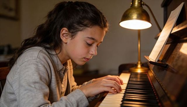 Young girl practicing piano at home with sheet music and warm lamp cozy evening practice
