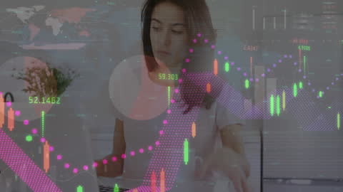 Woman Analyzing Financial Data at Home with Overlaid Charts