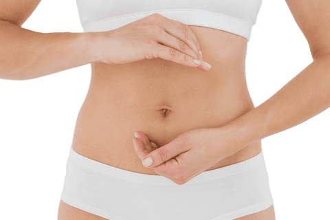 Transparent fit woman touching stomach for digestive health concept