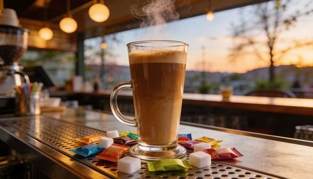 Steaming latte in tall clear glass mug on bar counter with sugar cubes at sunset glow