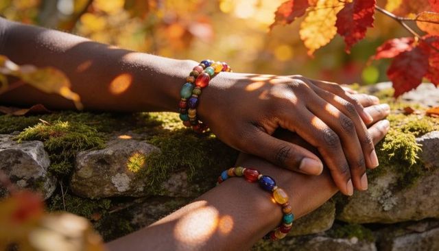 Resting dark-skinned hands with colorful beaded bracelets on mossy wall in autumn sunlight