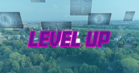 Level up concept with digital overlay on cityscape