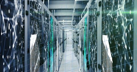The futuristic environment indicates a high-tech server room with digital interfaces overlaying server racks. It suggests artificial intelligence and network communication, representing advanced cybersecurity measures. Suitable for content related to modern technology, data centers, digital transformation, IT infrastructure, or cybersecurity articles.