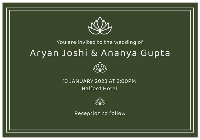 This wedding invitation features a minimalist design with a lotus motif on a serene green background. Ideal for modern and elegant weddings, it provides essential details like the names of the couple, date, time, and venue. Perfect for formal wedding invites, online wedding portals, and event planning. Customizable for other occasions.