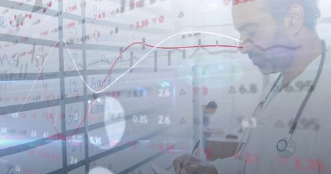 Physician writing on tablet with transparent data charts overlays for healthcare analytics