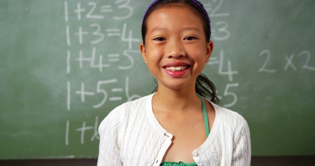 Smiling schoolgirl standing in front of a chalkboard filled with math equations, representing cheerful learning environment. Use for educational content, promotional materials for schools, or resources related to math and child education.